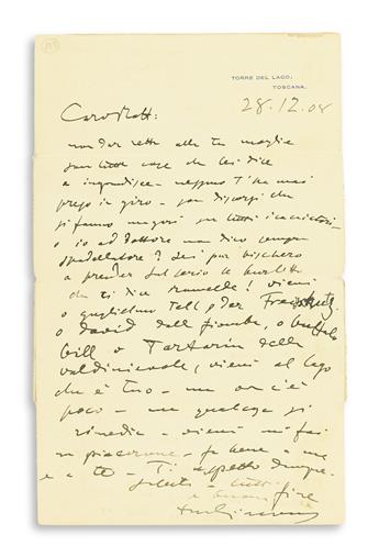 PUCCINI, GIACOMO. Autograph Letter Signed, Giacomo, to his brother-in-law Raffaello Franceschini (Dear Raff), in Italian,